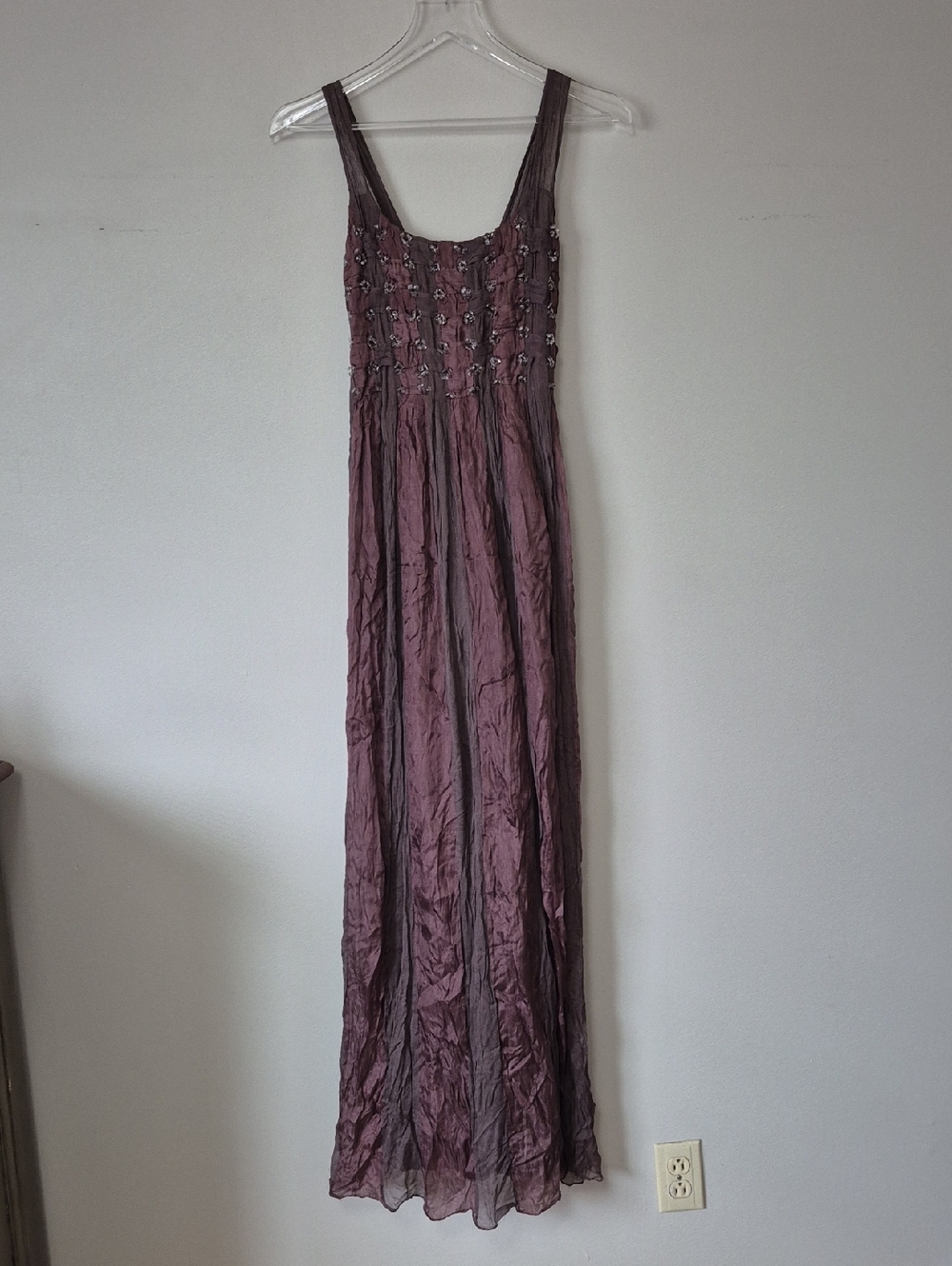 Blank London Etherial Brown Silk Maxi Dress, Beaded Bodice, Size M Boho Fairy